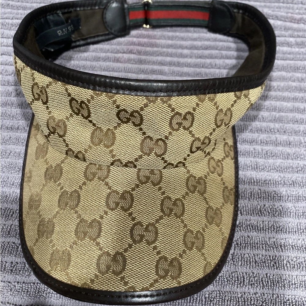 GUCCI Visor Hat Classic GG Brown Baseball Cap Red Green
